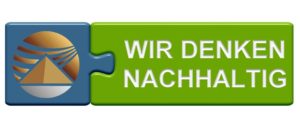 Button aus zwei Puzzlestücken zeigt Blatt und Wir denken nachhaltig