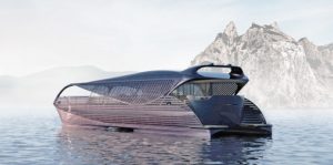futuristisch aussehende Yacht in schwarz