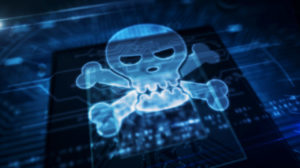 Cyber security concept with skull hologram over working cpu in background. Crime, digital piracy, computer attack symbol animation. Futuristic circuit board with processor 3d illustration.