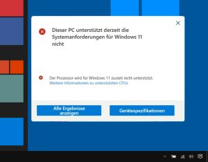Bildschirm mit Meldung, dass Windows 11 nicht unterstützt wird