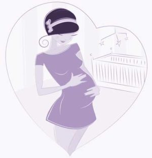 Zeichnung einer Schwangeren vor einem Babybett