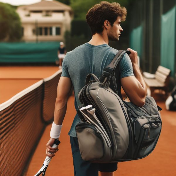 junger Mann von hinten mit Tennistasche