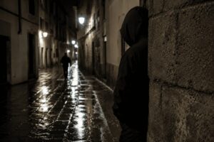 dunkle Gasse mit vermummter Gestalt