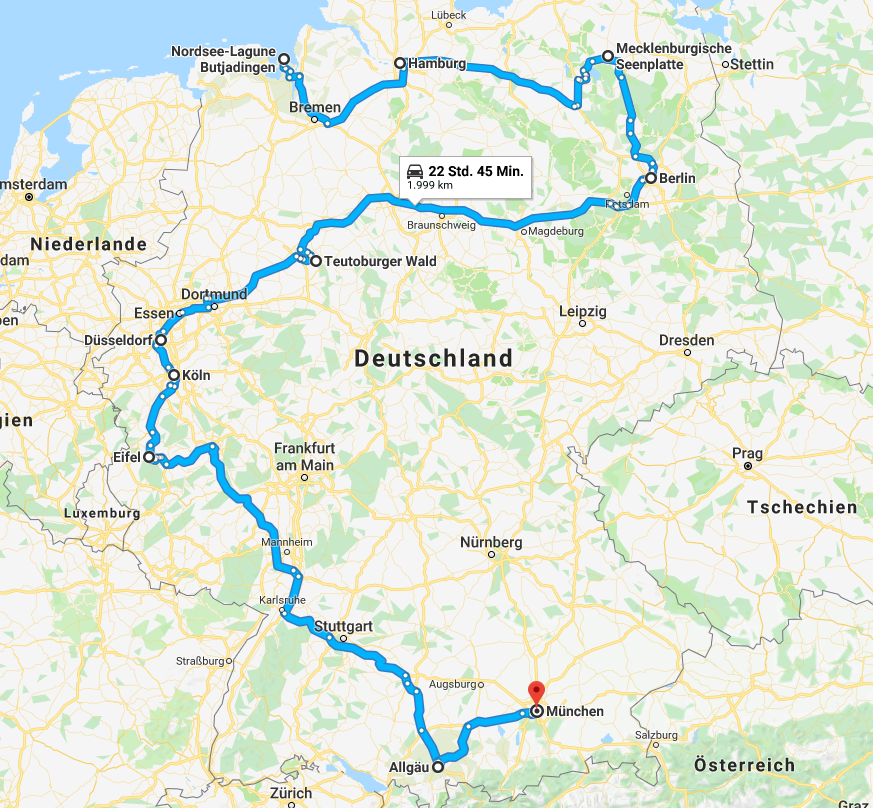 Route durch Deutschland von der Nordsee über Berlin, Düsseldorf, Köln nach München
