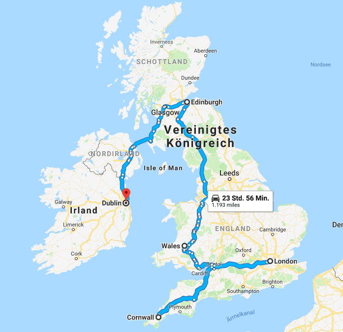 Route durch das Vereinigte Königreich mit London, Edinburgh, Wales und Glasgow nach Irland