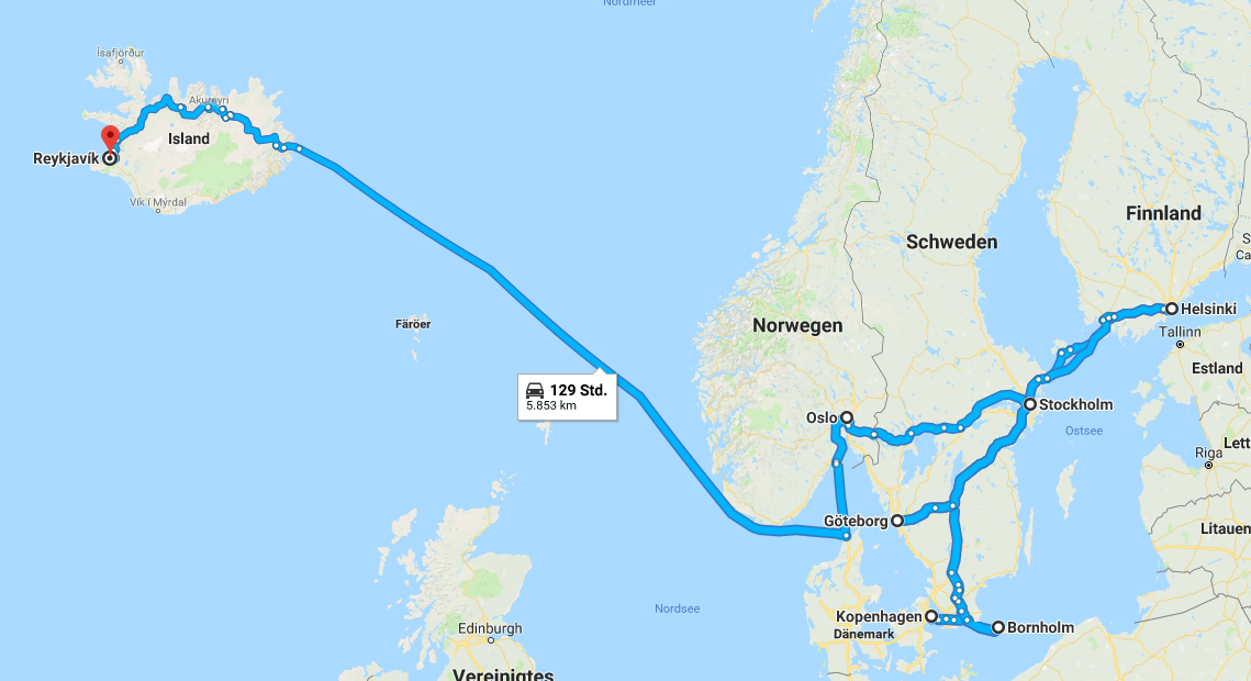 Reise von Dänemark, über Finnland, Schweden, Norwegen nach Island